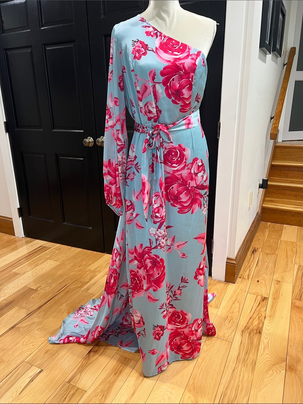 One-Shoulder Floral Maxi Dress in Blue and Pink